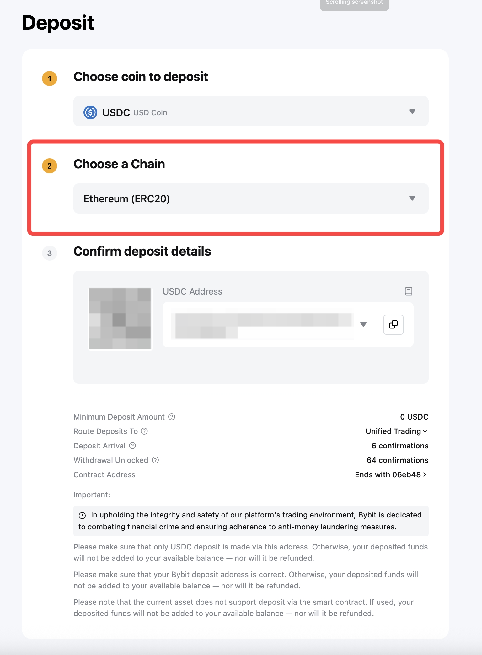 Крипто депозит в Bybit EU с USDC и избор на блокчейн мрежа; примерният адрес е скрит