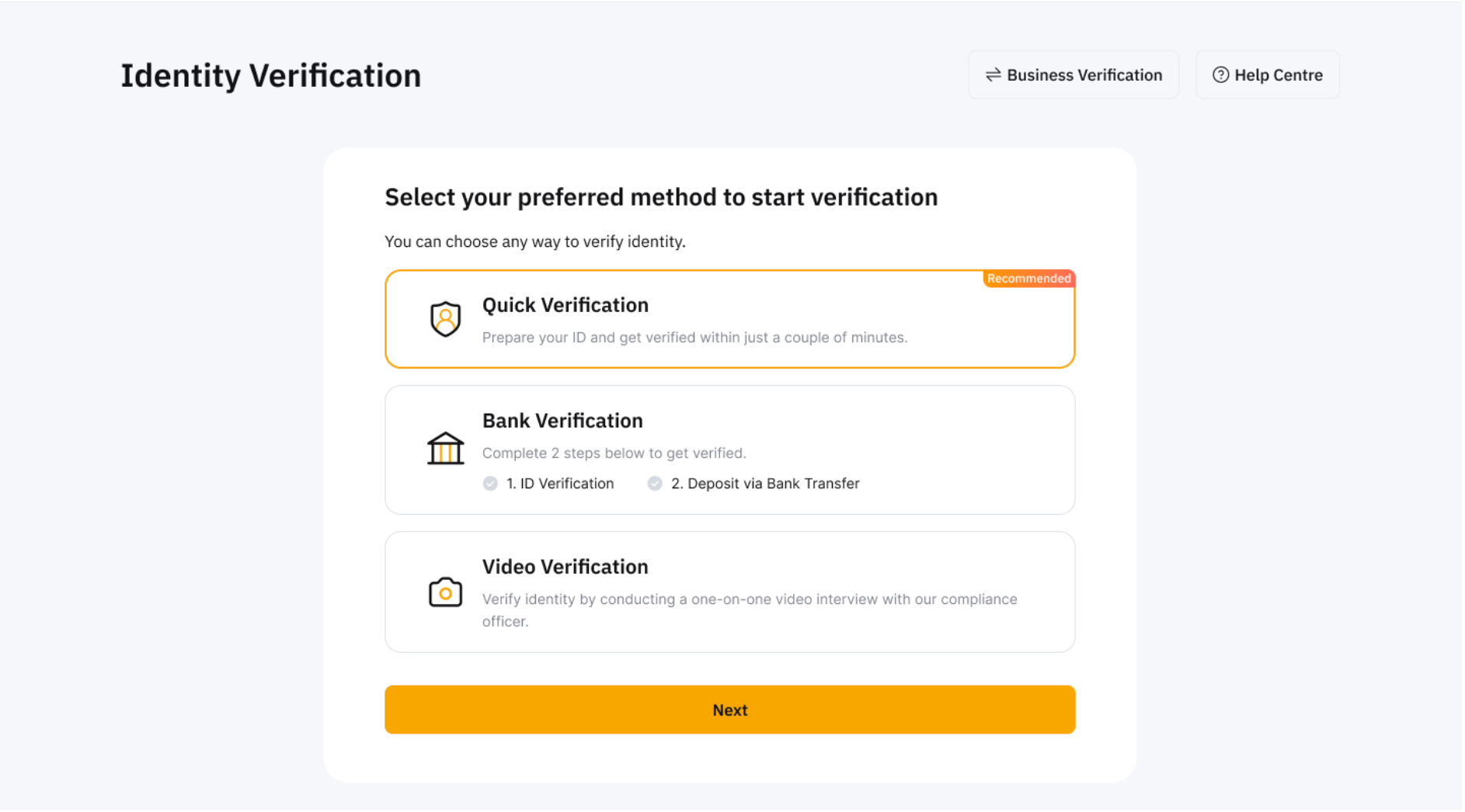 Избор между Quick Verification, Bank Verification и Video Verification в Bybit EU