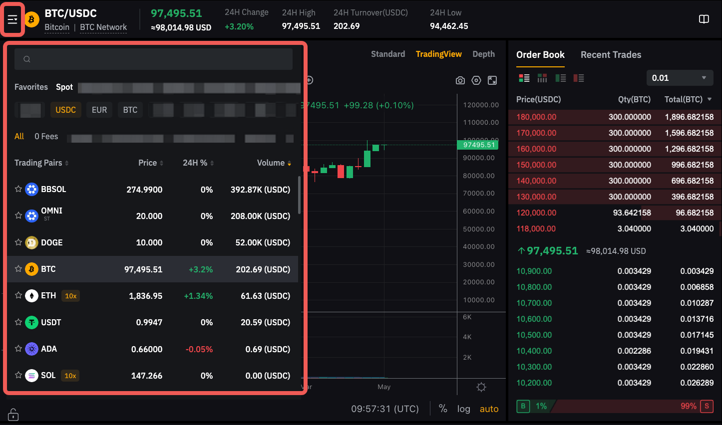 Меню за търсене на спот двойка в Bybit EU с избран BTC/USDC
