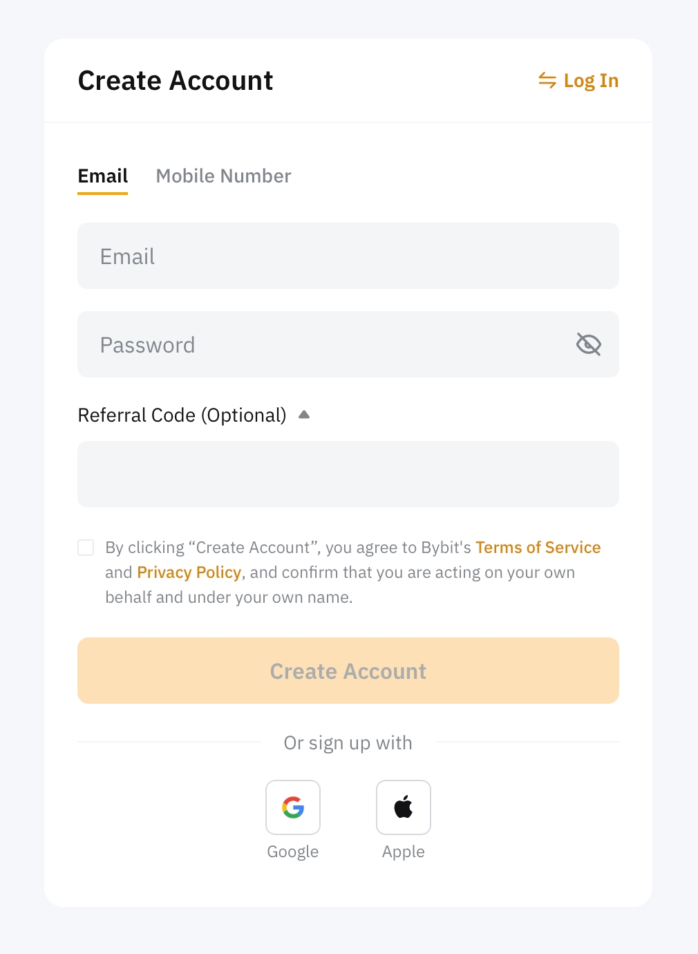 Официален пример за формата Create Account с Email, Password и незадължителен Referral Code