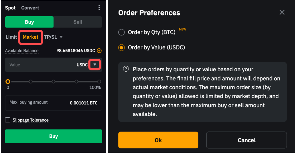 Спот панел Buy с избран Market и меню Order by Value (USDC) или Order by Qty (BTC)