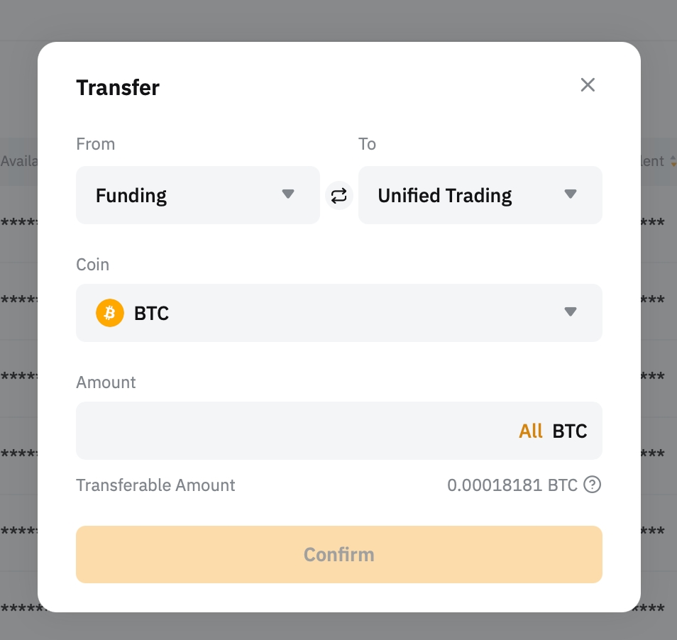Диалог Transfer от Funding към Unified Trading с избор на Coin и Amount