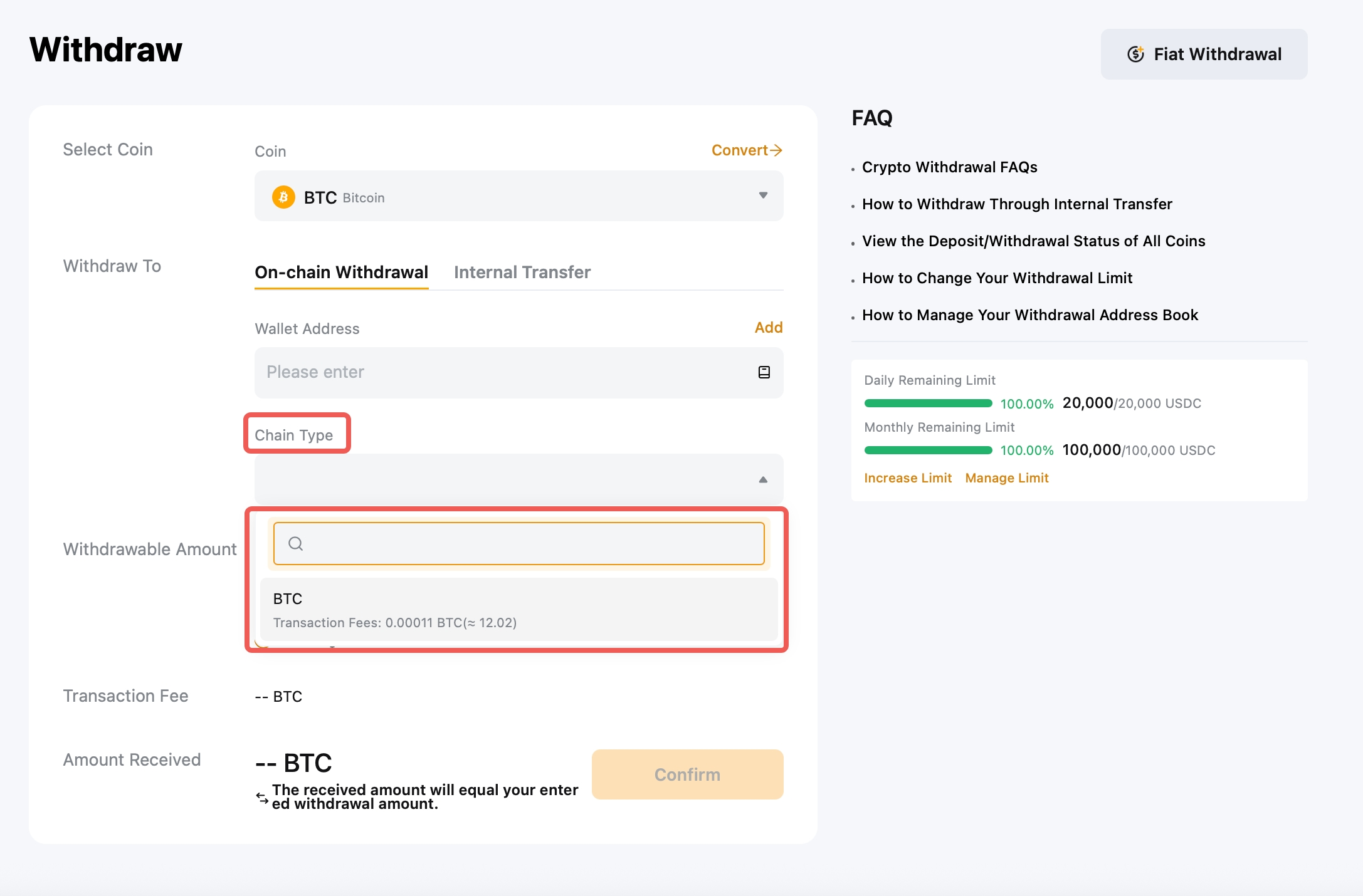 Форма за крипто теглене с Coin, Wallet Address, Chain Type, сума, такса и Amount Received